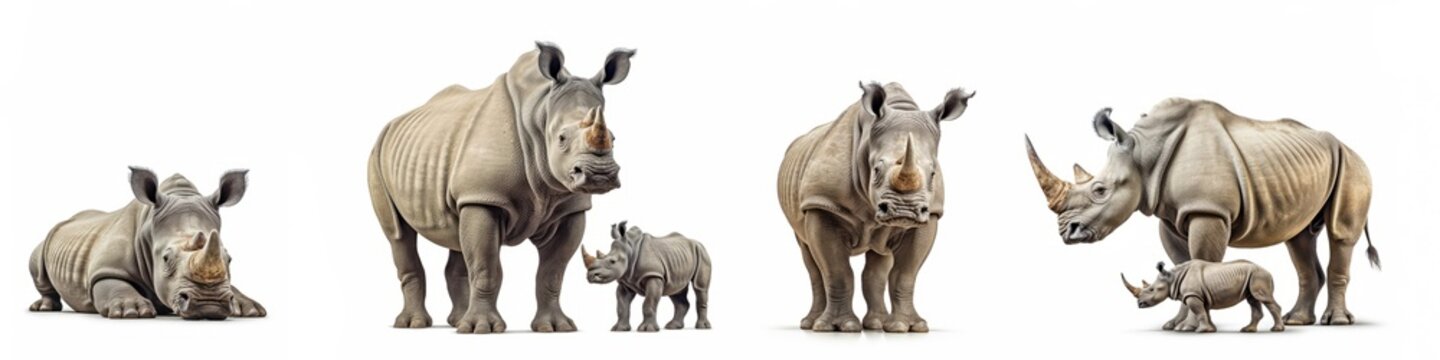 Wildlife zoo safari africa rhinos animals banner panorama long -Collection standing, sitting, lying group rhino (rhinoceros unicornis) family, young baby, isolated on white background, Generative Ai