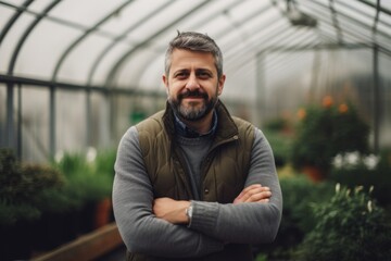 Portrait of a handsome bearded man standing with crossed arms in a greenhouse.