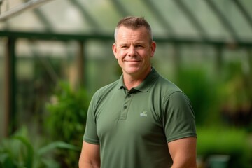 Environmental portrait photography of a pleased man in his 40s wearing a sporty polo shirt against a greenhouse or conservatory background. Generative AI