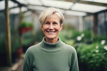 Portrait of smiling mature female gardener standing in greenhouse and looking at camera