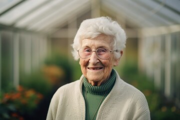 Portrait of a smiling senior woman standing in a greenhouse. Looking at camera.
