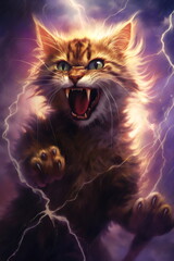 wild cat with teeth and lightning bolts behind, metal style poster made with generative ai
