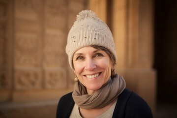 Portrait of smiling mature woman wearing hat and scarf against wooden wall