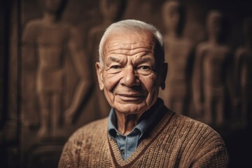 Elderly man with statues in the background at the ancient temple