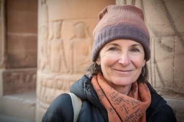 Group portrait photography of a pleased woman in her 50s wearing a warm beanie or knit hat against an ancient egyptian or hieroglyphics background. Generative AI