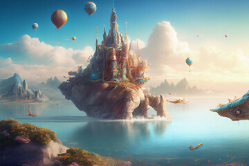 An enchanting illustration of a fairytale fantasy world, featuring magical landscapes, floating islands, and a dreamy atmosphere, generative ai - obrazy, fototapety, plakaty