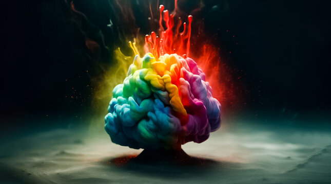 The shape of a brain in 3D is made out of rainbow-colored liquid and dust particles that are exploding on a black backdrop. generative AI.