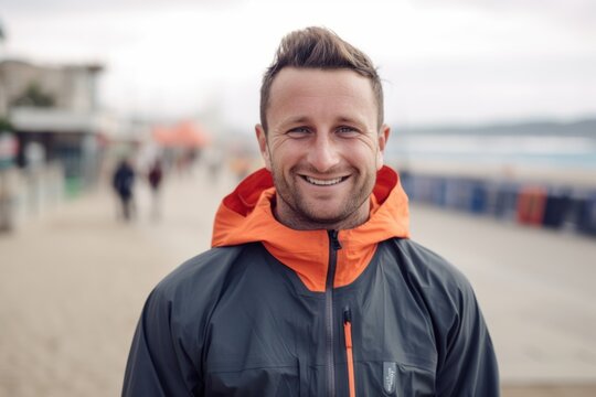 Portrait of a smiling man in a jacket standing on the beach