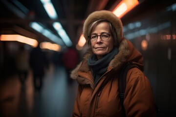 Fototapeta na wymiar Environmental portrait photography of a satisfied woman in her 50s wearing a warm parka against a subway or underground background. Generative AI