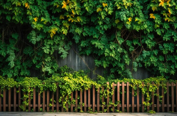 wooden fence with ivy border, - obrazy, fototapety, plakaty