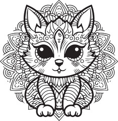 A mandala cat coloring page for adults.