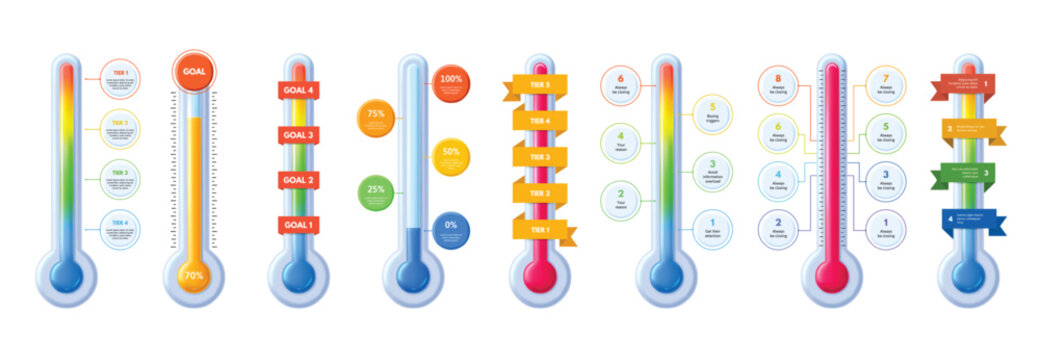 Thermometer temperature infographic templates. Hot and cold sales, fundraising tiers meter and goal tracking success scale vector illustration set