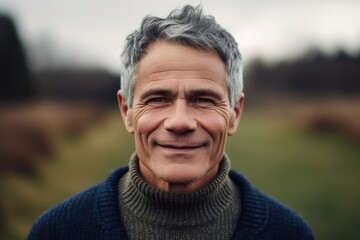 Portrait of a handsome middle-aged man with grey hair wearing a blue sweater