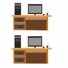 Wooden computer table, brown simple table vector. white background isolated.