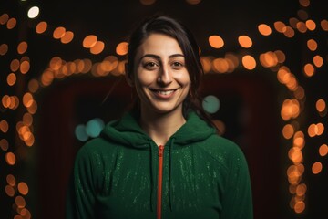 Smiling young woman in a green hoodie on a background of Christmas lights