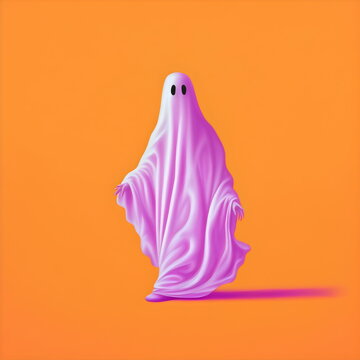 pink sheet ghost isolated on orange background, illustration made with generative ai