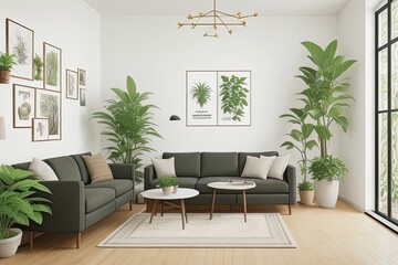 Fototapeta premium Domestic and cozy interior of living room with sofa, plants, coffee table, poster frame, side table, plant and elegant decoration wall. Home decor. Generative AI.