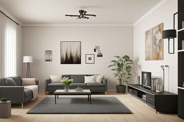 Fototapeta na wymiar Domestic and cozy interior of living room with sofa, plants, coffee table, poster frame, side table, plant and elegant decoration wall. Home decor. Generative AI.