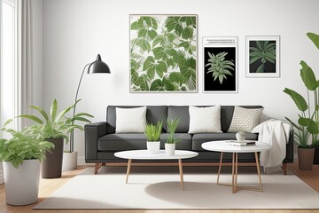 Domestic and cozy interior of living room with sofa, plants, coffee table, poster frame, side table, plant and elegant decoration wall. Home decor. Generative AI.