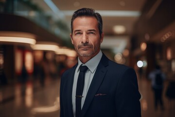 Fototapeta premium Portrait of handsome mature businessman in suit looking at camera in office lobby
