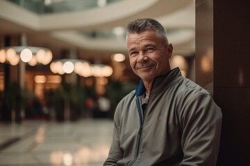 Fototapeta premium Portrait of a smiling senior man at the lobby of a modern building