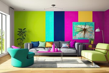 Domestic and cozy bright colored interior of living room with sofa, plants, coffee table, poster frame, side table, plant and elegant decoration wall. Home decor. Generative AI.