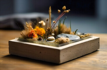 a simple piece has a concrete base with dried flowers on it