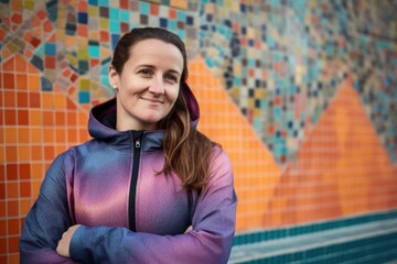 Portrait of smiling sportswoman with arms crossed against mosaic wall