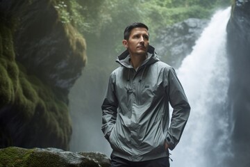 Full-length portrait photography of a tender man in his 30s wearing a lightweight windbreaker against a waterfall background. Generative AI