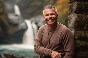 Medium shot portrait photography of a grinning man in his 50s wearing a cozy sweater against a waterfall background. Generative AI