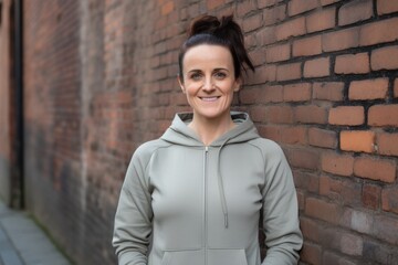 Portrait of smiling sportswoman standing against brick wall in city