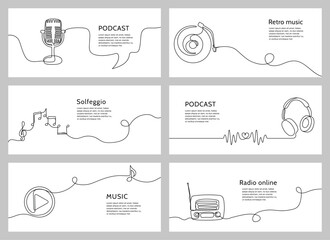 Continuous one line music banners. Audio podcast, online radio, music theory lessons, media player and headphones promo vector template set - obrazy, fototapety, plakaty