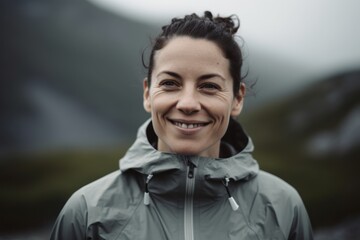 Portrait of smiling woman in raincoat looking at camera in mountains