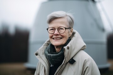 Fototapeta premium smiling senior woman in eyeglasses standing near camper van