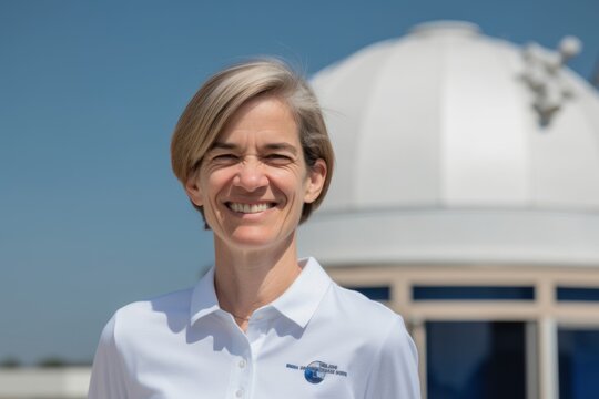 Medium shot portrait photography of a grinning woman in her 40s wearing a sporty polo shirt against an observatory or space telescope background. Generative AI