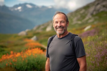 Naklejka na ściany i meble Portrait of a smiling senior man standing in front of flowers in the mountains