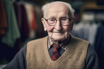 Elderly man in eyeglasses in a clothing store.