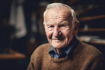Medium shot portrait photography of a pleased elderly 100 years old man wearing a cozy sweater against a sewing studio or tailor background. Generative AI
