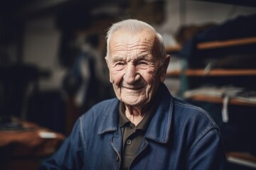 Fototapeta premium Portrait of senior man with grey hair in casual clothes in the workshop