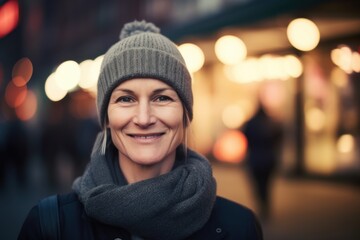 Portrait of a smiling woman in a hat and scarf on a city street