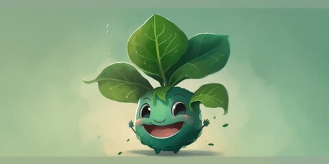 Happy smiling green cabbage leaves cartoon character, funny cute vegetable sticker color personage icon isolated on green background, healthy organic vegan diet food. AI generative.