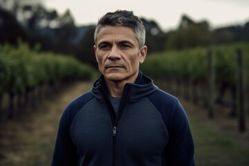 Handsome middle aged man with grey hair in a vineyard.