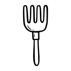 Hand drawn garden tool rake. Doodle sketch style. Drawing line simple rake icon. Isolated vector illustration.