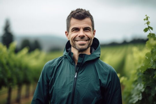Environmental portrait photography of a grinning man in his 30s wearing a comfortable tracksuit against a vineyard or winery background. Generative AI