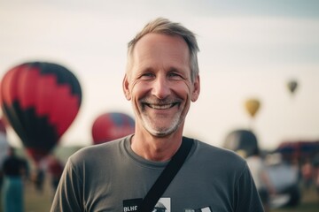 Portrait of handsome middle-aged man smiling at camera while standing at hot air balloon festival