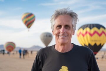 Portrait of smiling senior man standing in front of hot air balloons