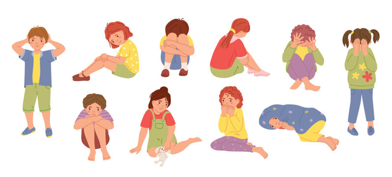 Kids suffering from anxiety. Sensitive, scared and sad children, mental health cartoon vector illustration set