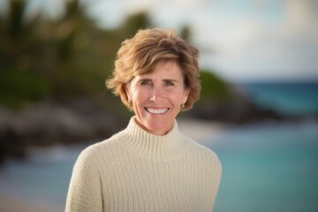 Fototapeta premium Pet portrait photography of a grinning woman in her 50s wearing a cozy sweater against an island resort or vacation background. Generative AI