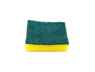 Green and yellow sponge for washing dishes isolated on white background. Object for cleaning dishware, utensils and kitchen. png with transparency