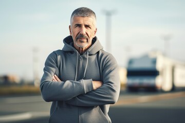 Fototapeta premium Portrait of a senior man in sportswear standing with arms crossed outdoors